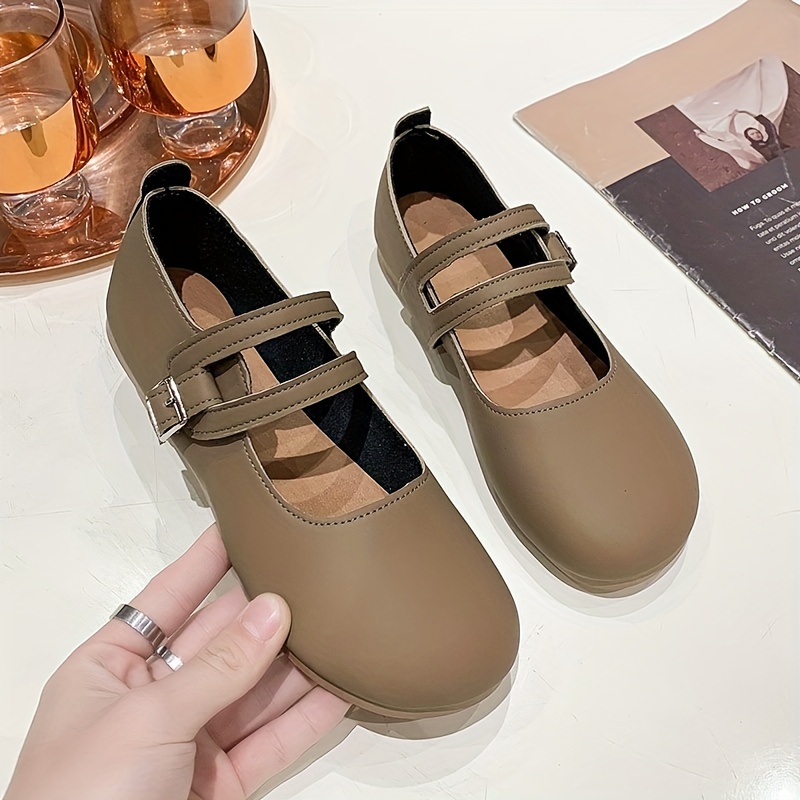 Women's Flat Shoes Solid Color Round Toe Buckle - Temu