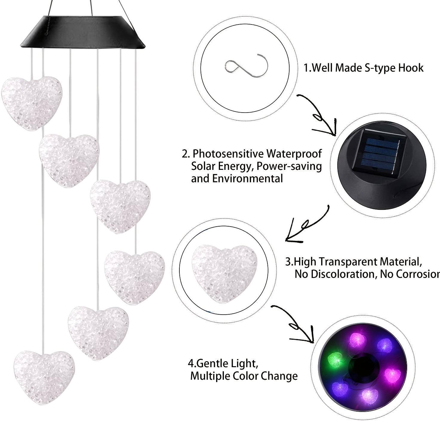 1pc Couleur Changeante LED Énergie Solaire Lampe Coeur Carillons Éoliens  Jardin Décoration Cour Étanche Lumière LED Éclairage Suspendu Décor (coeur)  - Temu Belgium