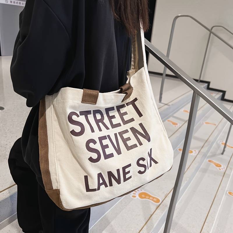 Canvas Tote Bag, Simple Letter Detail Handbag Versatile Shoulder Bag ...