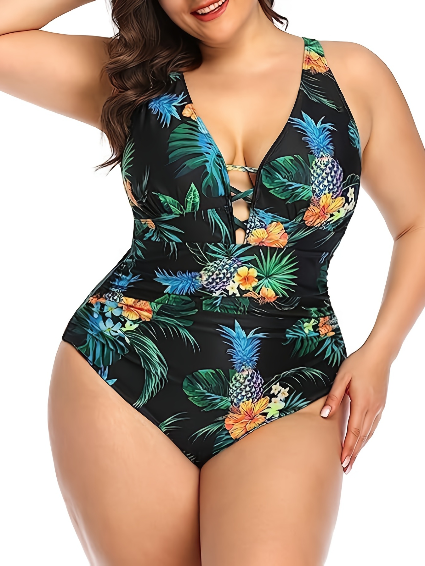 Women's Green Plus Size One Piece Ruched Cutout Halter Self Tied