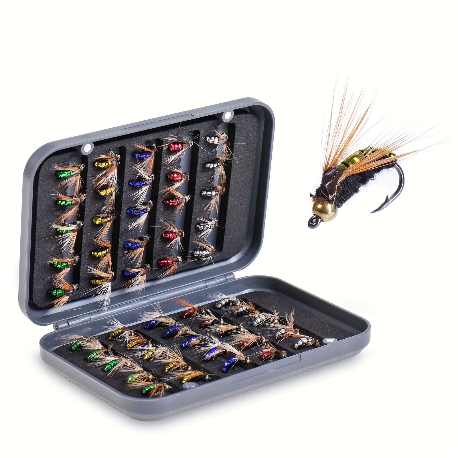 Premium Fly Fishing Flies Kit - 50 Hand-Tied Flies with Waterproof Fly Box  - Perfect for Trout, Bass, and Salmon Fishing