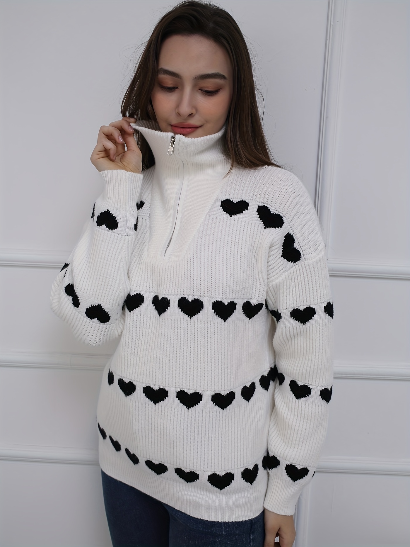 Heart Pattern Turtle Neck Pullover Sweater, Casual Long Sleeve Fall Winter  Sweater, Women's Clothing - Temu