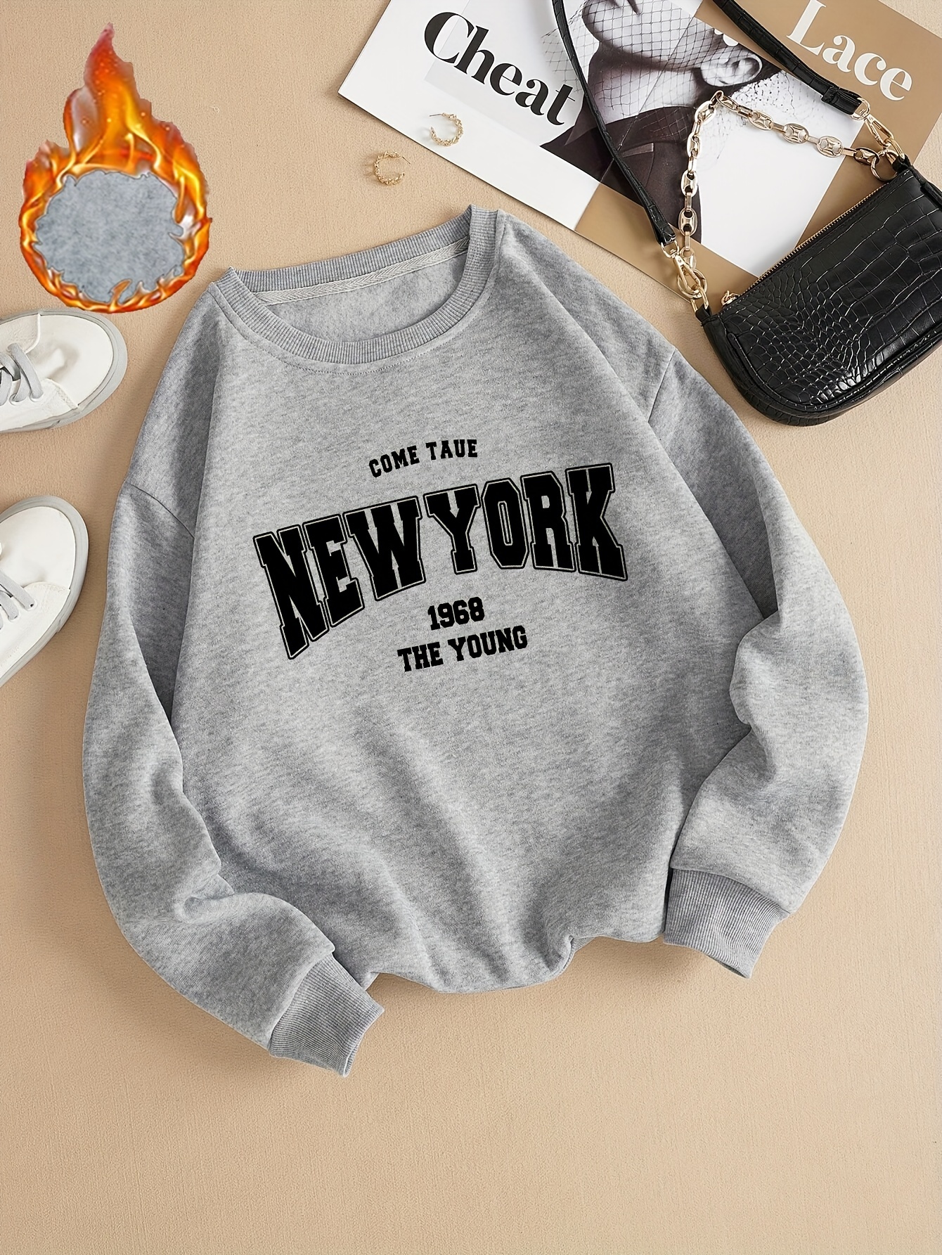 New York Letter Printed Sports Sweatshirt, Autumn And Winter Fleece Lined  Crew Neck Sweatshirt, Women's Sporty Sweatshirts - Temu