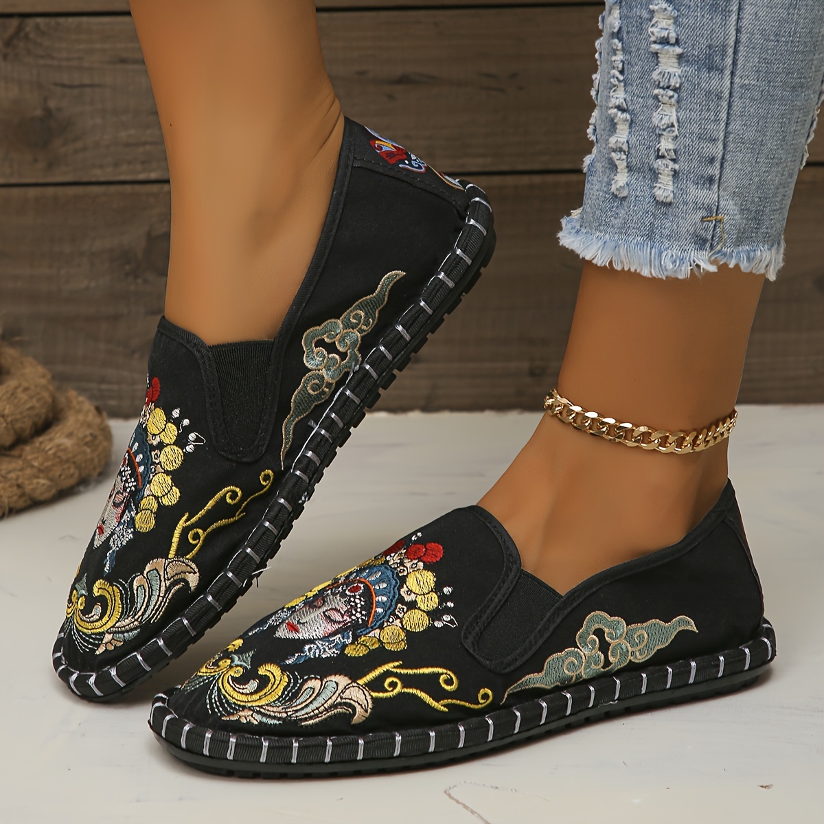 Women's China Peking Opera Embroidered Flats, Casual Breathable Cloth Slip  On Shoes, Lightweight Low Top Flats