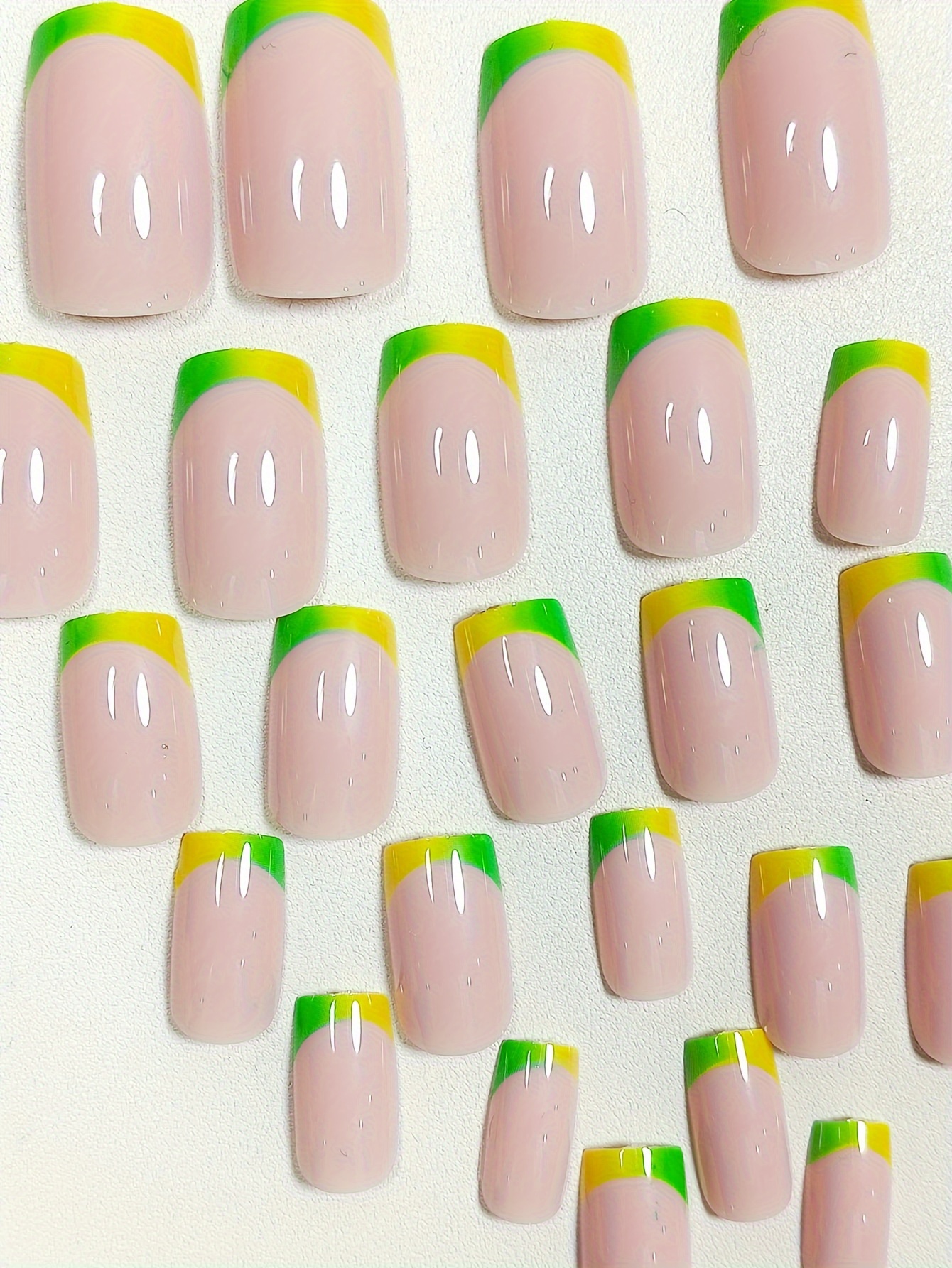 24pcs glossy nude square fake nails medium long green french tip press on nails spring summer fresh false nails for women girls details 1