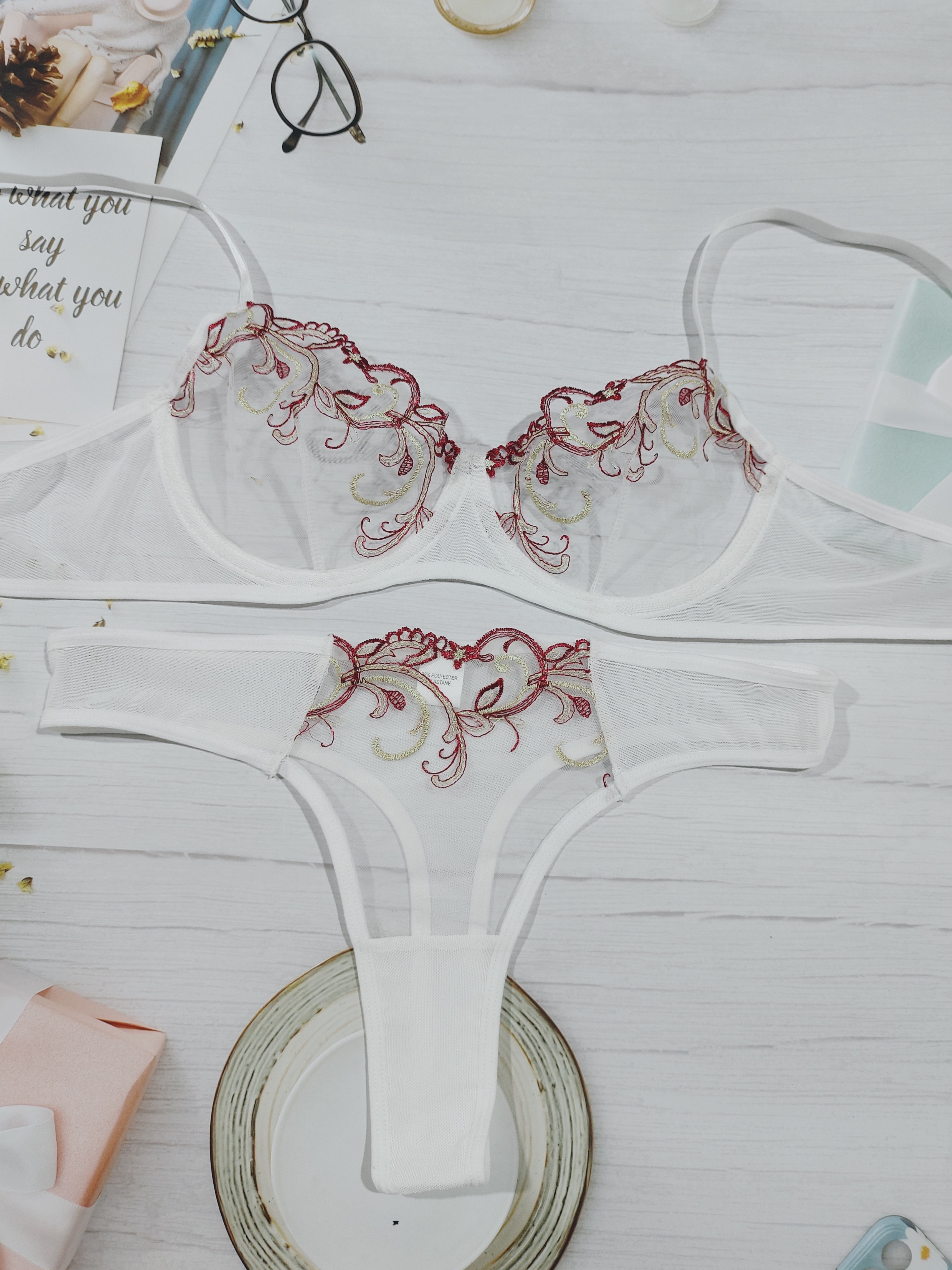 Cute Underwear Set,floral Lingerie Set,bride Lingerie,embroidered Bra Top, lingerie Flower,bralette and Panty,see Through Lingerie,mesh Panty -   Canada