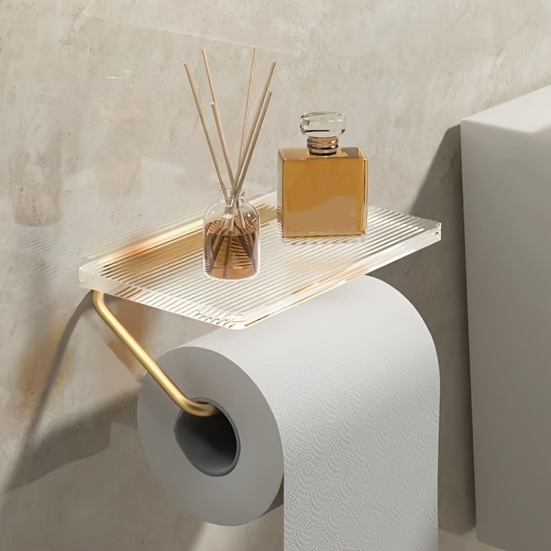 Soporte de papel higiénico, soporte de rollo de papel de baño de latón  montado en la pared con estante de almacenamiento para teléfono móvil y  gancho