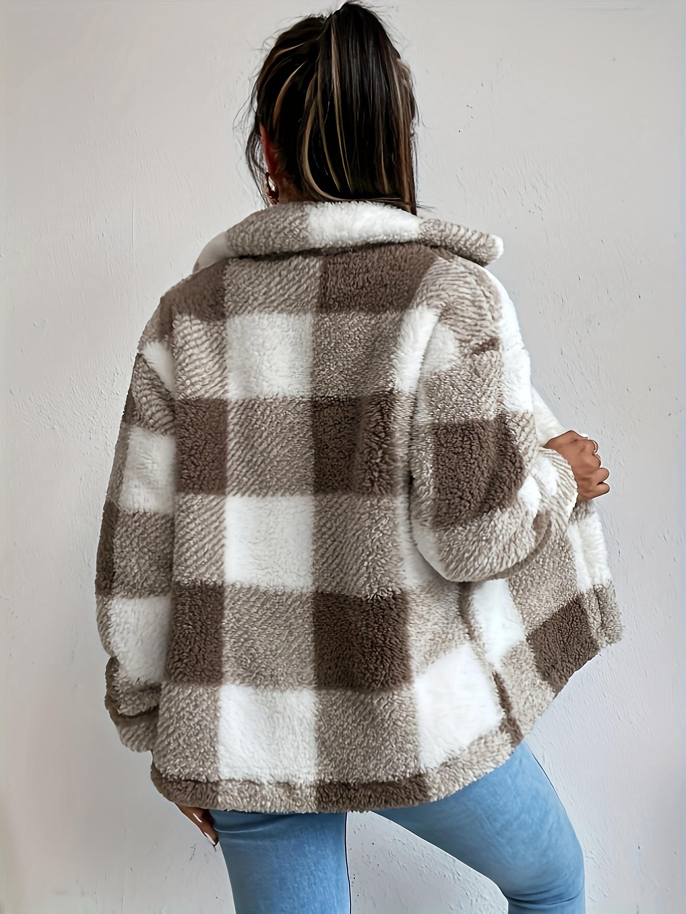 Sherpa Jacket for Women, Fluffy Plaid Lapel Outerwear Plush Coat 1