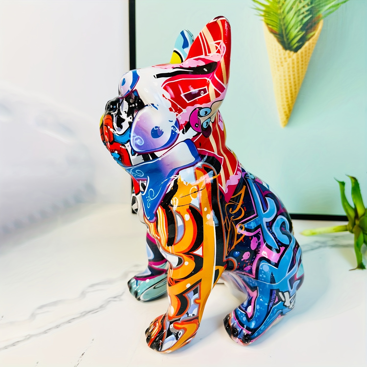Coole Bulldogge Deko Französische Bulldogge Skulptur Hunde-Statue Aus  Kunstharz Welpe DekorationMit Edelstahl Tablett Für Schlüssel Organizer