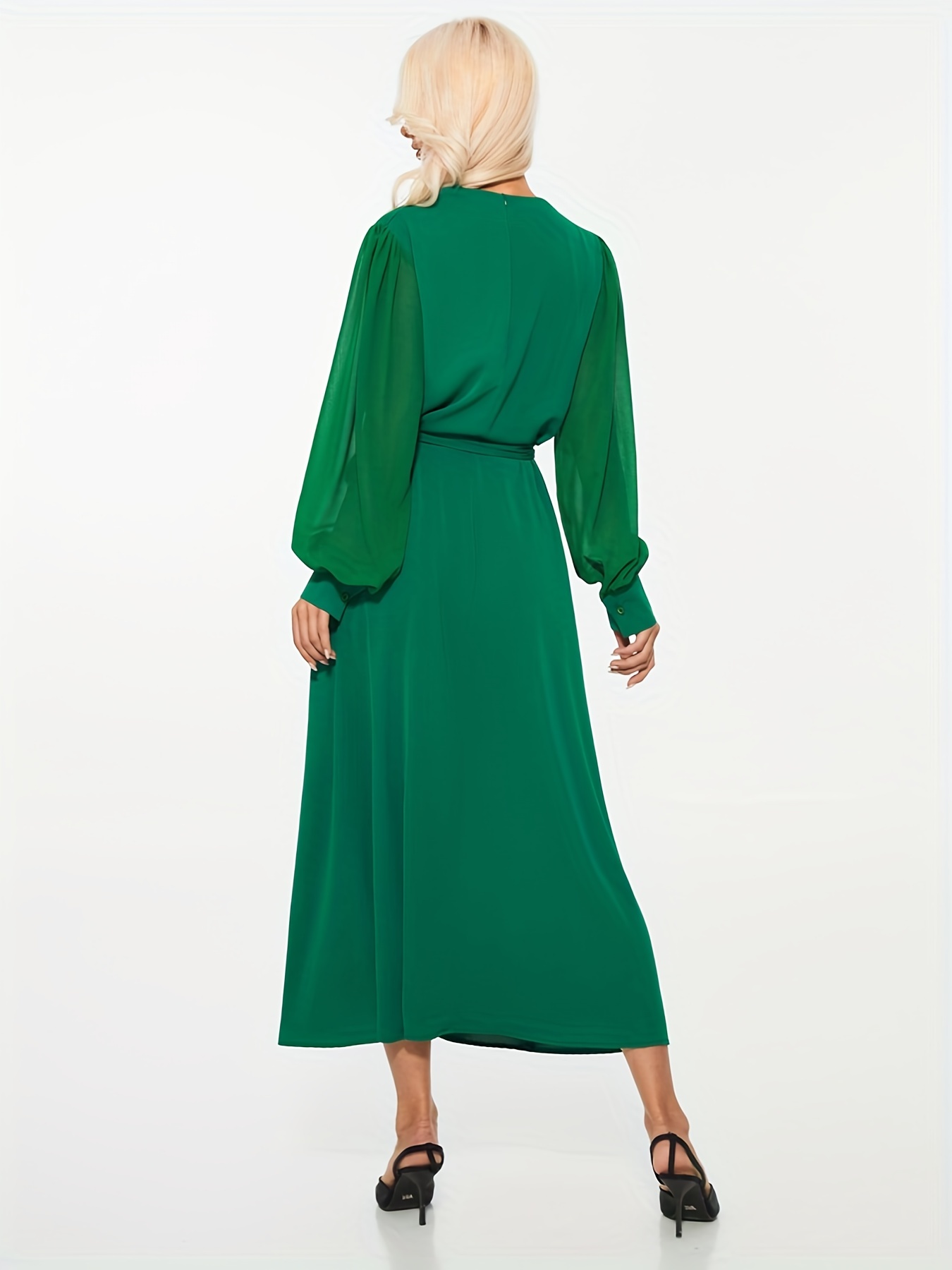 Laternenärmeliges schlichtes Kleid, elegantes Midi-Kleid mit Stehkragen, Damenbekleidung