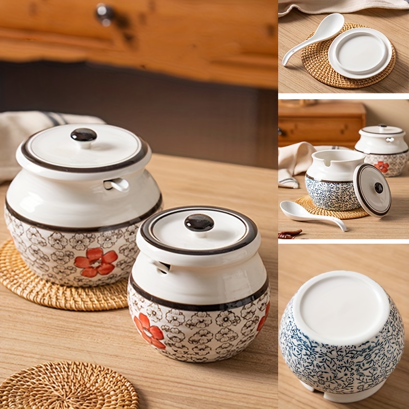 Ceramic Condiment Pots, Seasoning Pot, Ceramic Salt Bowl, Sugar Bowl,  Coffee Sugar Container With Lid And Spoon, For Coffee Bar, Kitchen  Countertop Refrigerator Storage Pot, For Salt, Kitchen Accessory, Kitchen  Decor 