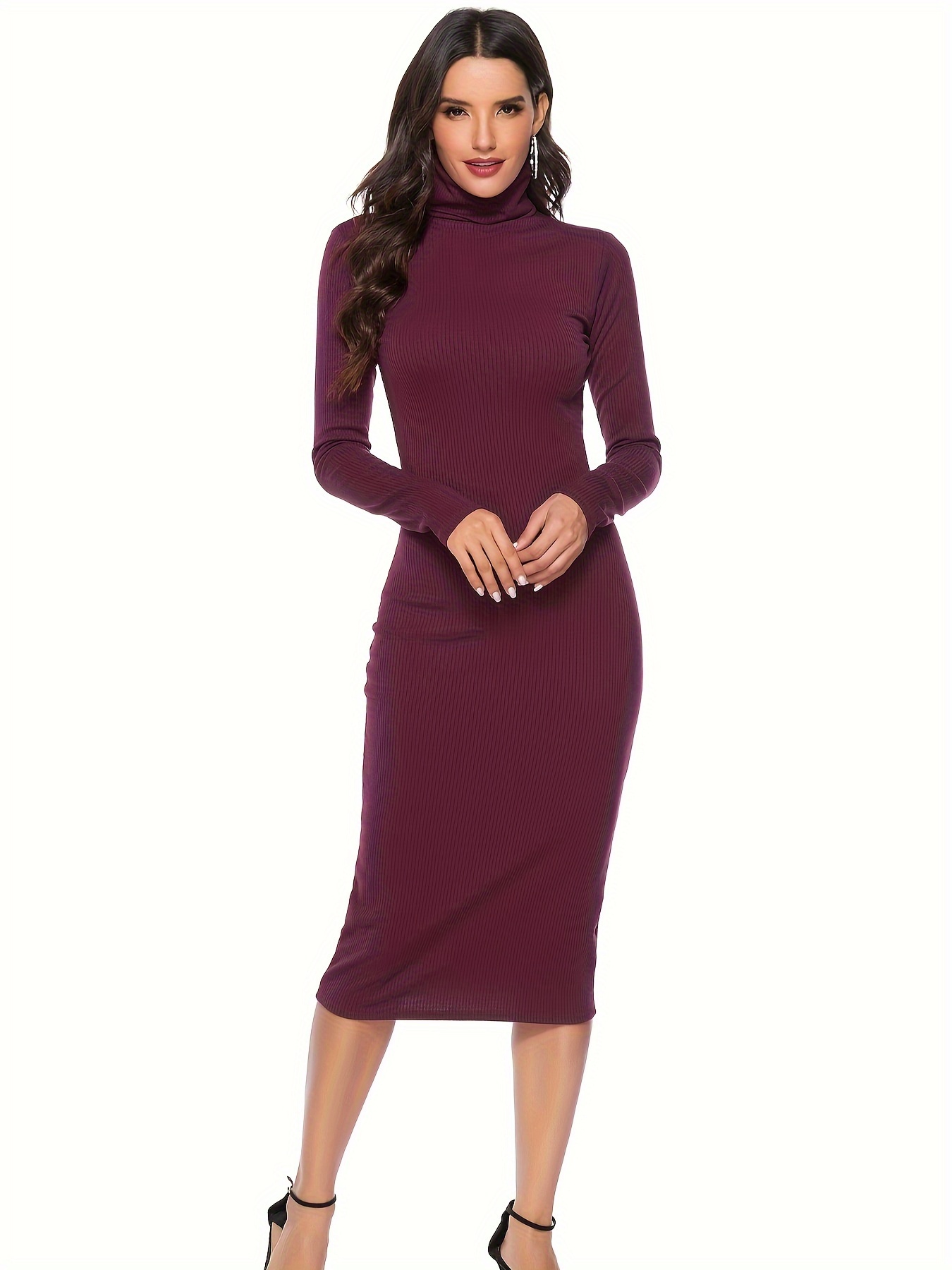 Long Sleeve Midi Dress High Neck Slim Casual Every Day Dress