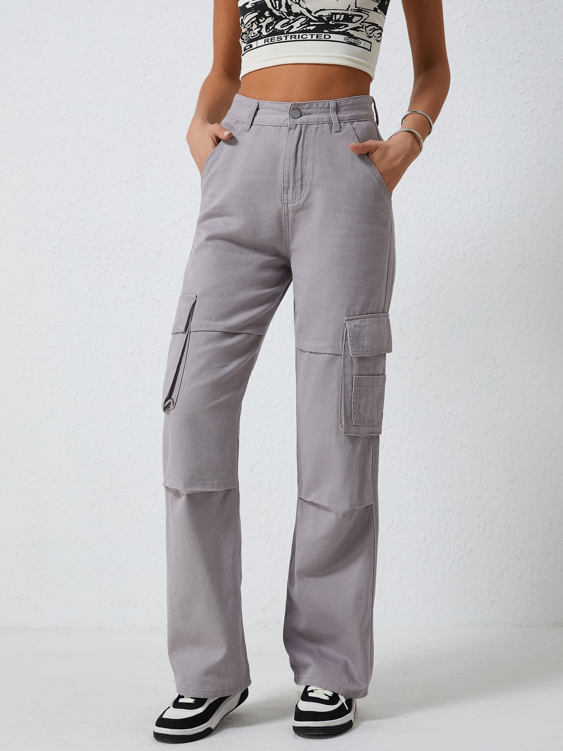 Y2k Flap Pockets Straight Leg Cargo Pants Casual Solid - Temu Australia