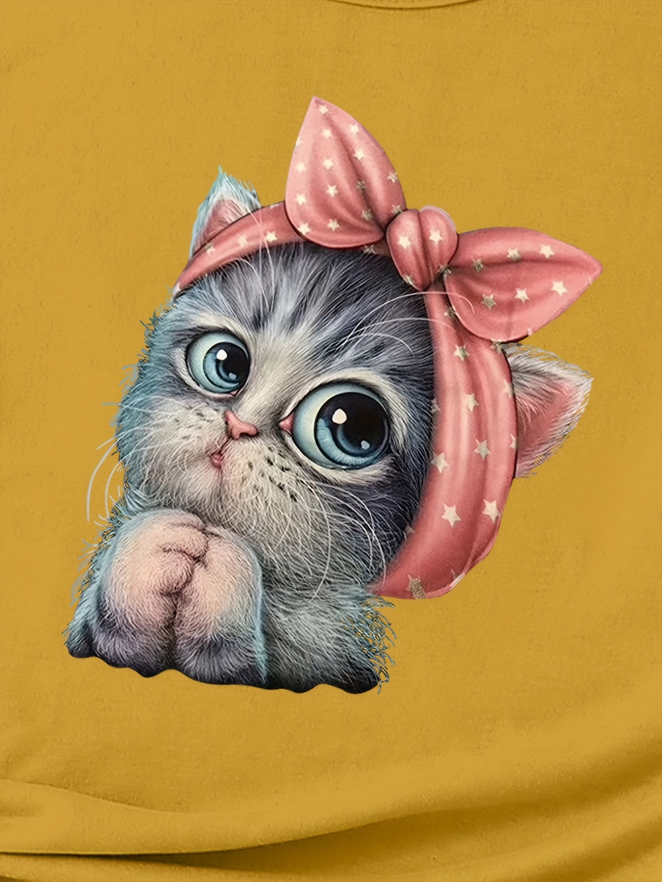 Girls Cat With Bow Print Short Sleeve T Shirt, Loose Crew Neck Tees, Kids  Clothes Summer