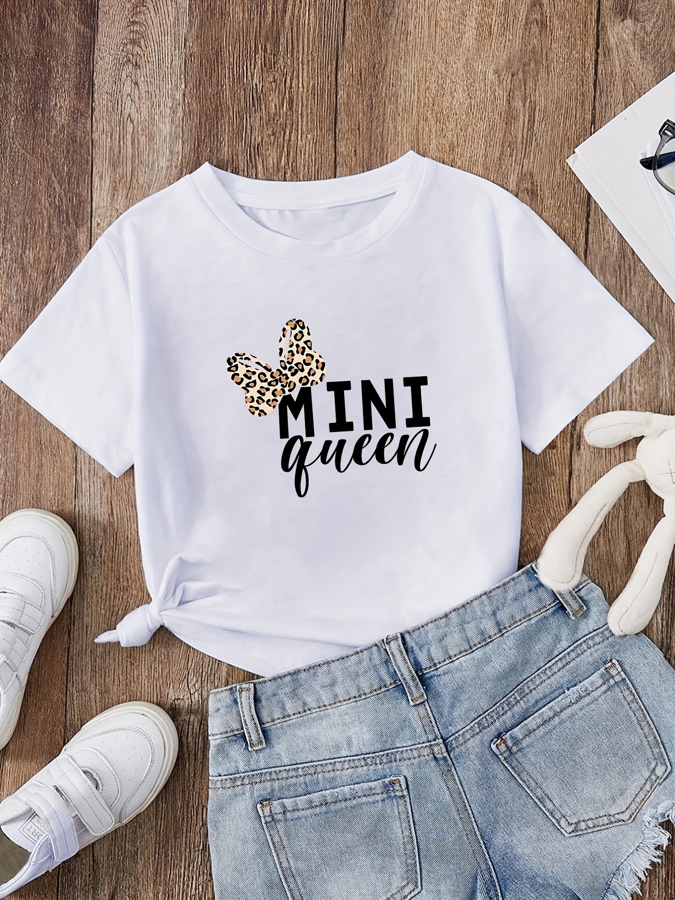 Meninas Mini Queen Leopard Bow Graphic Tee Cotton Comfort - Temu Portugal