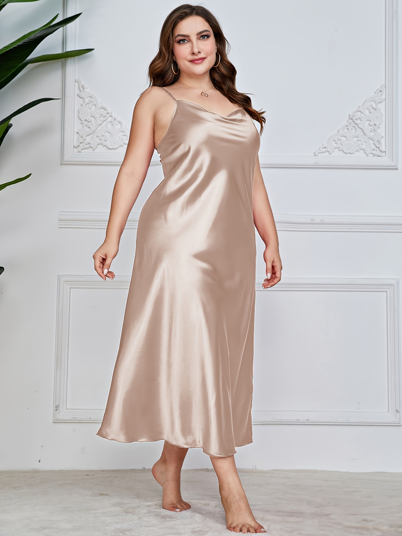 Plus Size Sexy Nightgown Women's Plus Luxe Satin Plain Cowl - Temu