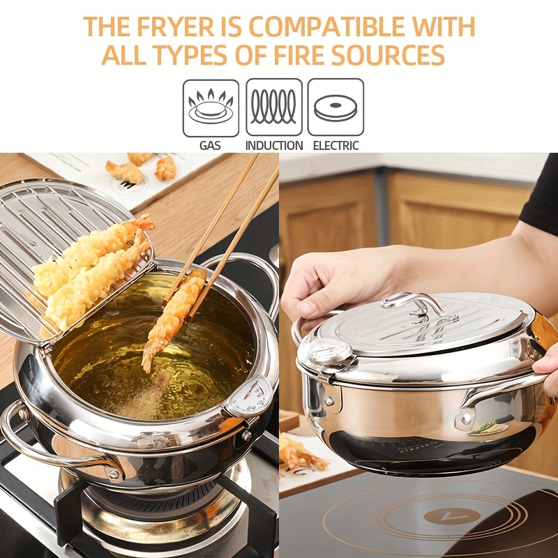 Deep Fryer Pot With Thermometer, Stainless Steel Japanese Style Tempura Frying  Pot With Oil Drip Drainer Rack, Kitchen Utensils, Kitchen Accessories - Temu