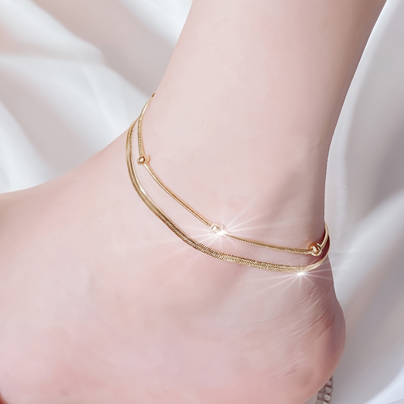 

1pc Double Layers Thin Snake Bone Chain Anklet Punk Style Stainless Steel Temperament Ankle Bracelet