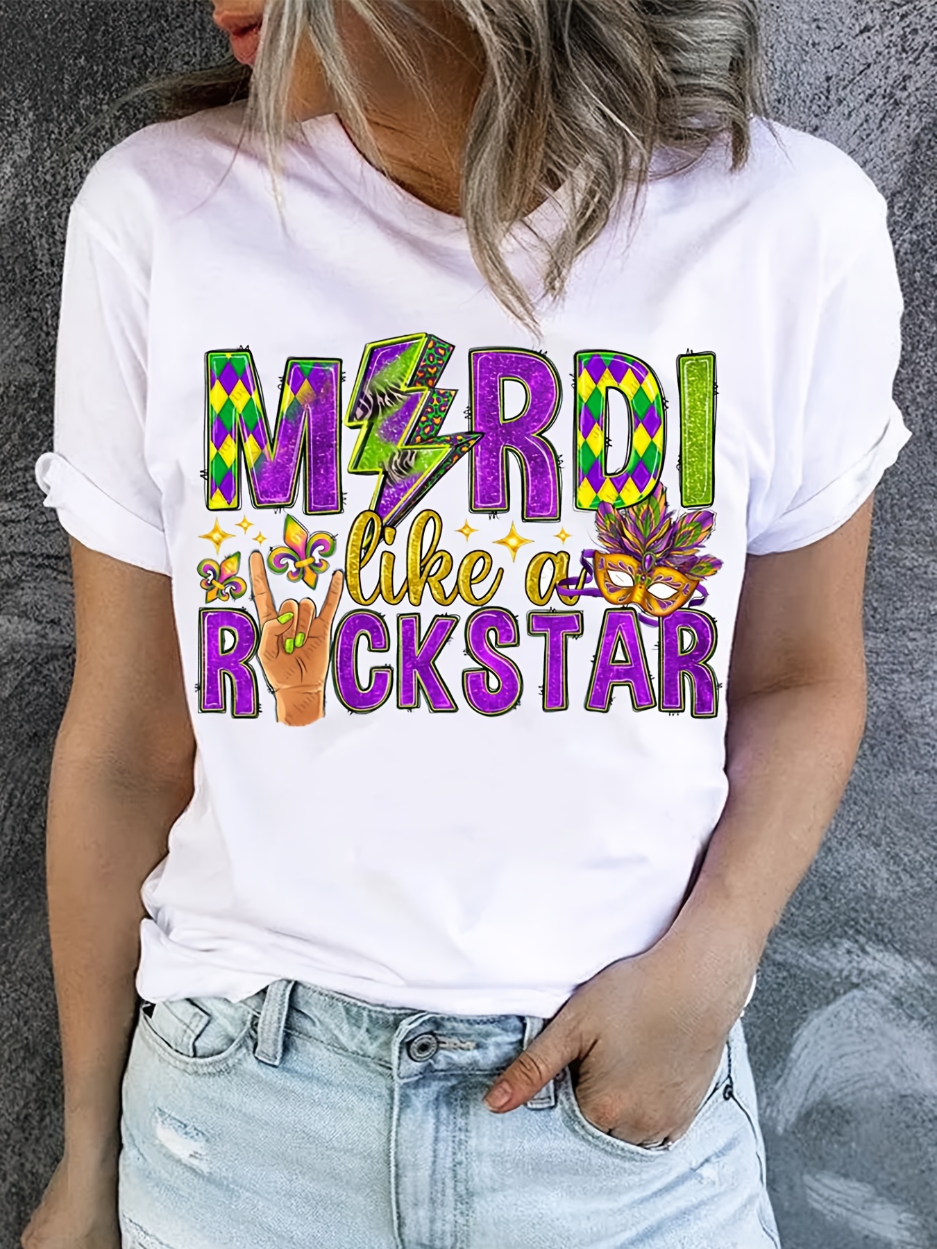 Mardi Gras Rockstar Letter Print T Shirt Short Sleeve Crew - Temu