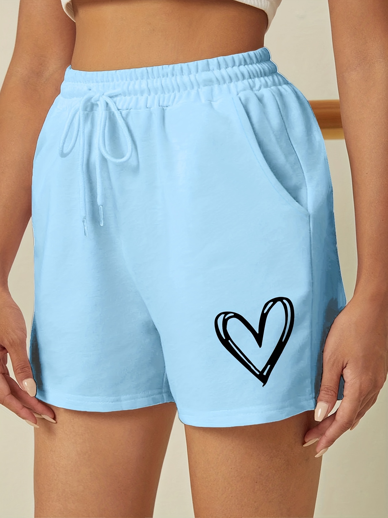 Heart Print Drawstring Shorts Solid Sports Casual Shorts - Temu
