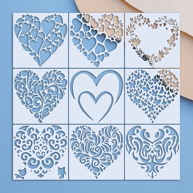 9pcs/set 30x30cm Love Heart Stencils A Reusable Washable Decorative  Heart-shaped Template Material PET For Printing Furniture Decoration And  Painting