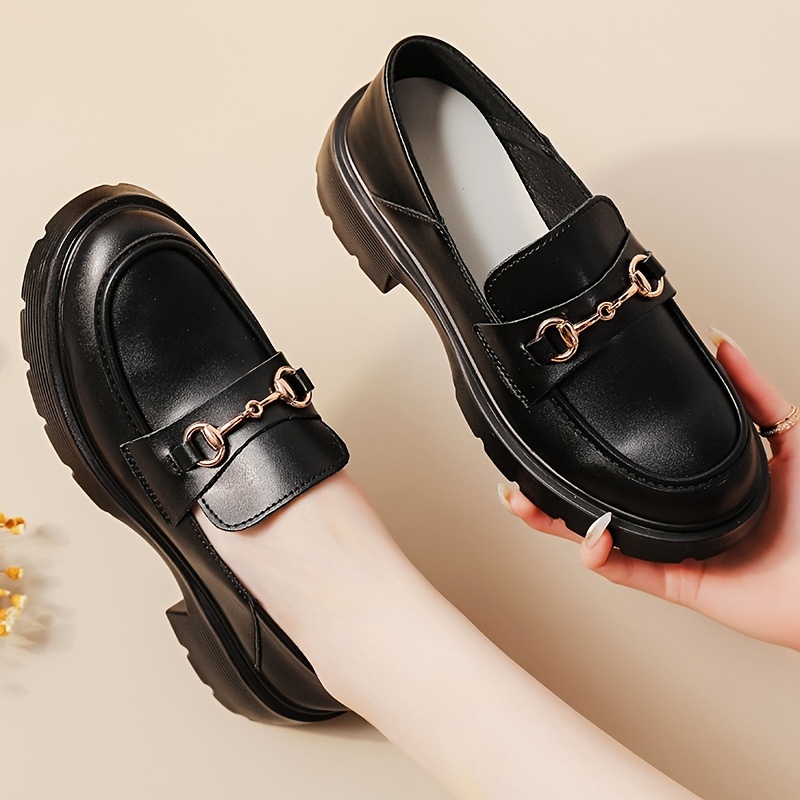Women's Platform Black Loafers, Metal Buckle Decor Faux Leather Shoes, Round Toe Shoes -