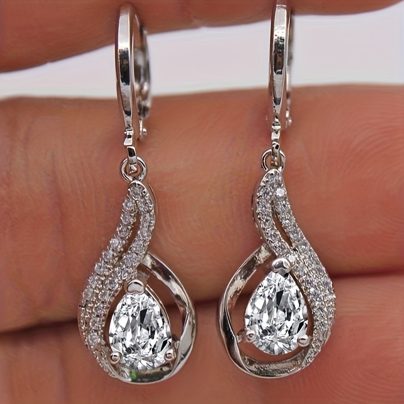 

Droplet Shiny Zircon Decor Hoop Earrings Elegant Luxury Style Copper Jewelry Banquet Party Ear Ornament