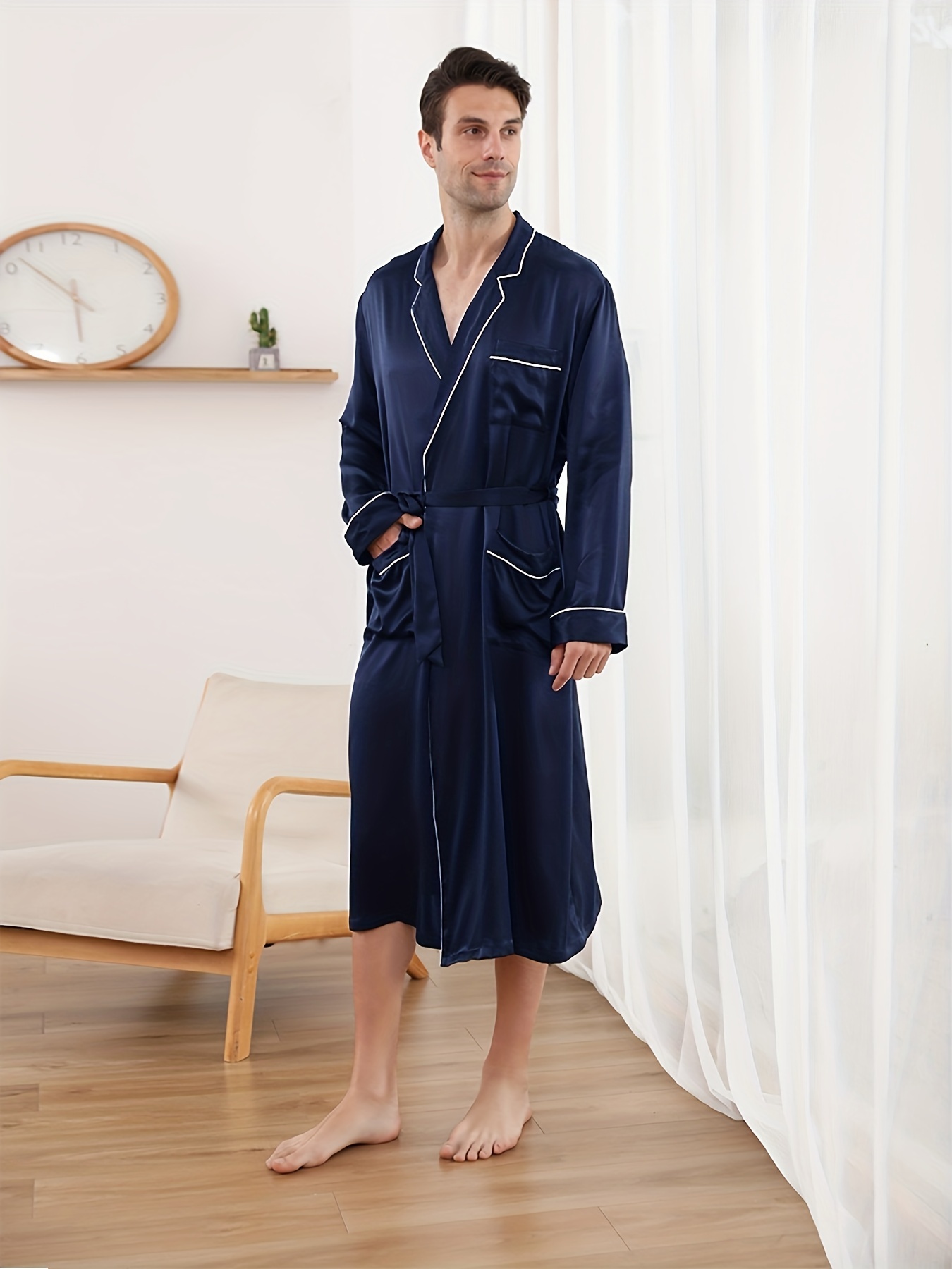 Men's Comfortable Soft Elegant Robe With Multiple Pockets, Long Sleeves  Slim Fit Bathrobe, Men's Nightgown