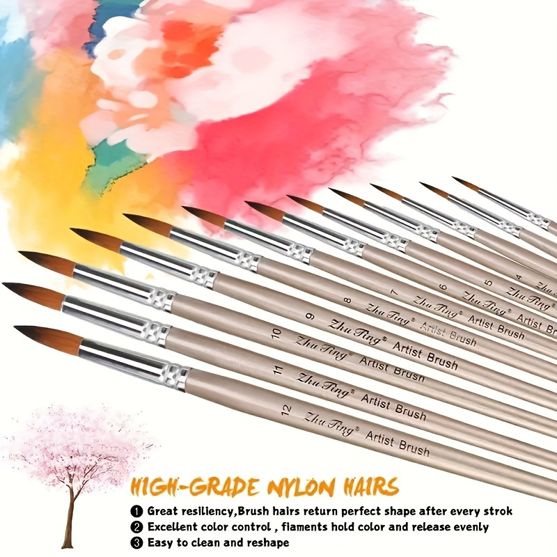 12 PCS Round Pointed Tip Nylon Hair Professional Paint Brushes