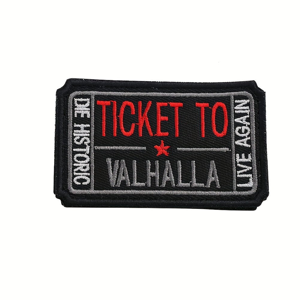 

1pc Black Letter Ticket To Valhalla Hook And Loop For Men, Fastener Armband Embroidered Patch, Clothing Hoodie Backpack Jacket Decoration