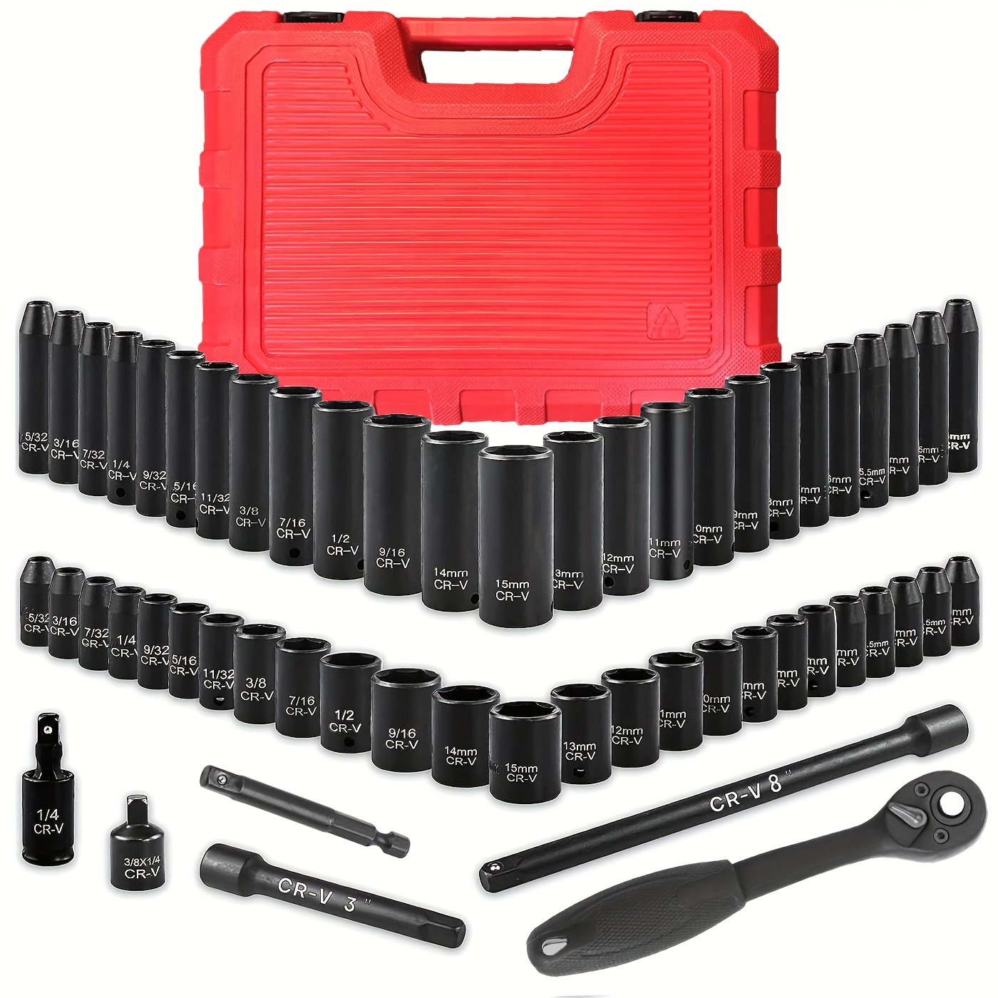 1/4 Drive Impact Socket Set, 56-Piece Standard SAE (5/32 To 9/16 Inch) And  Metric (4-15mm) Size, 6 Point, Cr-V, 1/4-Inch Drive Ratchet Handle, Drive