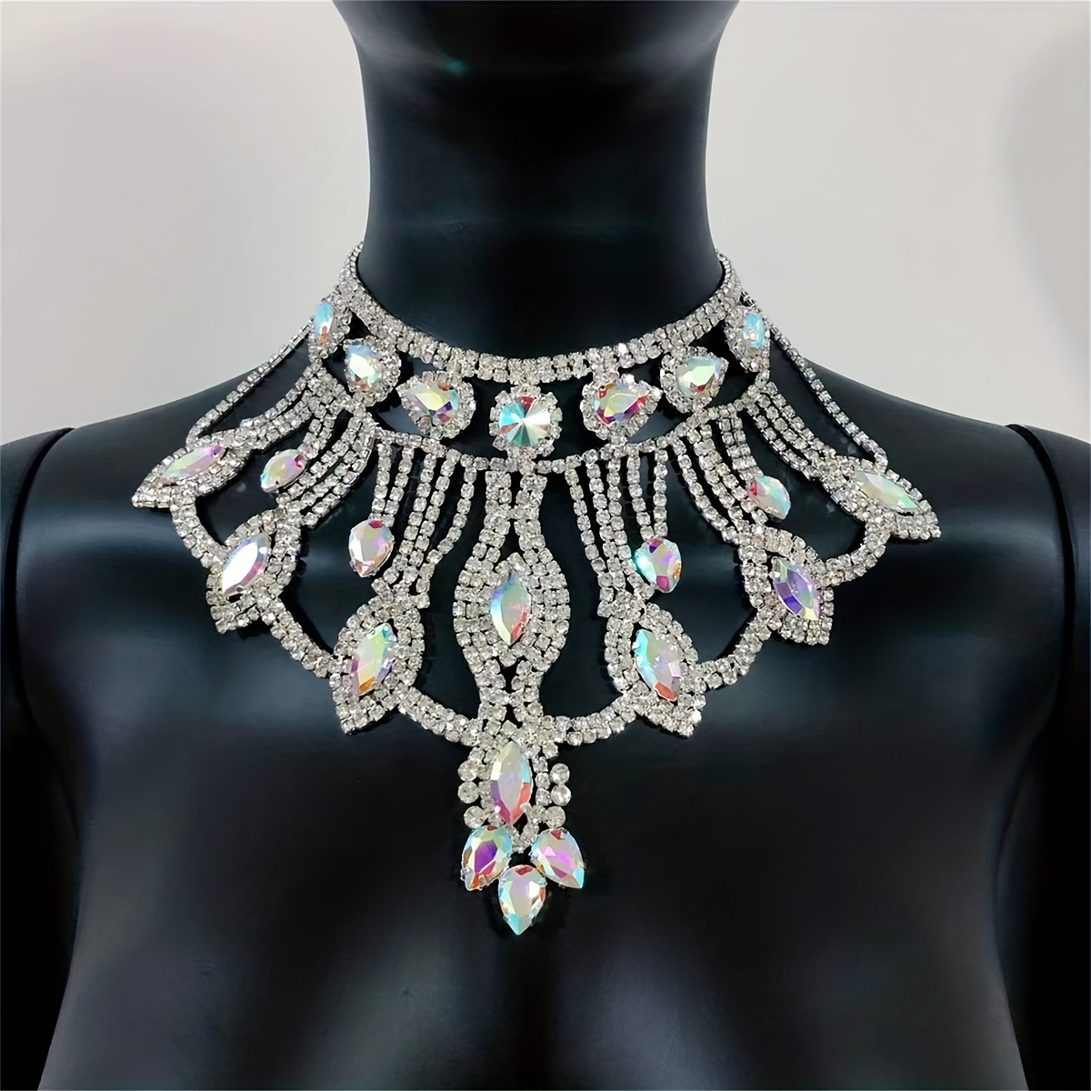 Luxury Ab Color Rhinestones Gemstone Bib Necklace Bride - Temu