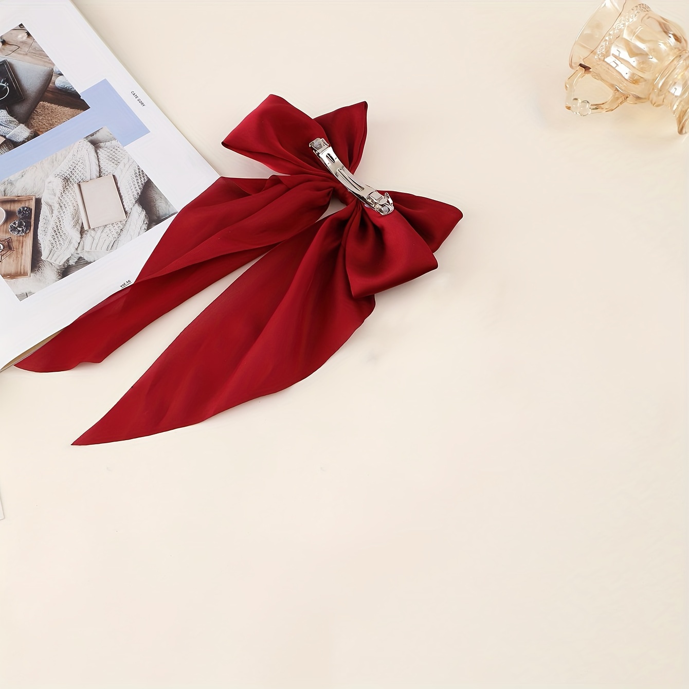1pc Women's Plush Vintage Red Ribbon Bow Hair Clip For Daily Use