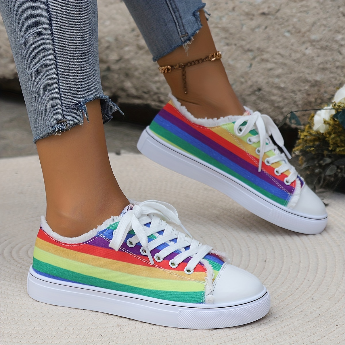 rainbow print colorful fall aesthetic round toe flat skate shoes lightweight comfortable wear resistance non slip canvas sneakers casual versatile preppy school sport walking shoes 5