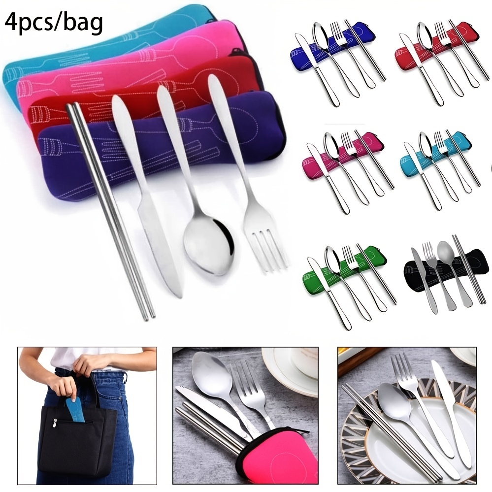 Portable Stainless Steel Cutlery Set With Bag - Perfect For Travel And  Outdoor Dining - Temu