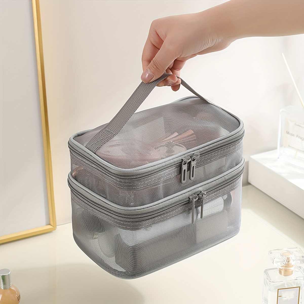 Portable Cosmetic Bag Makeup Case Transparent Mesh Storage