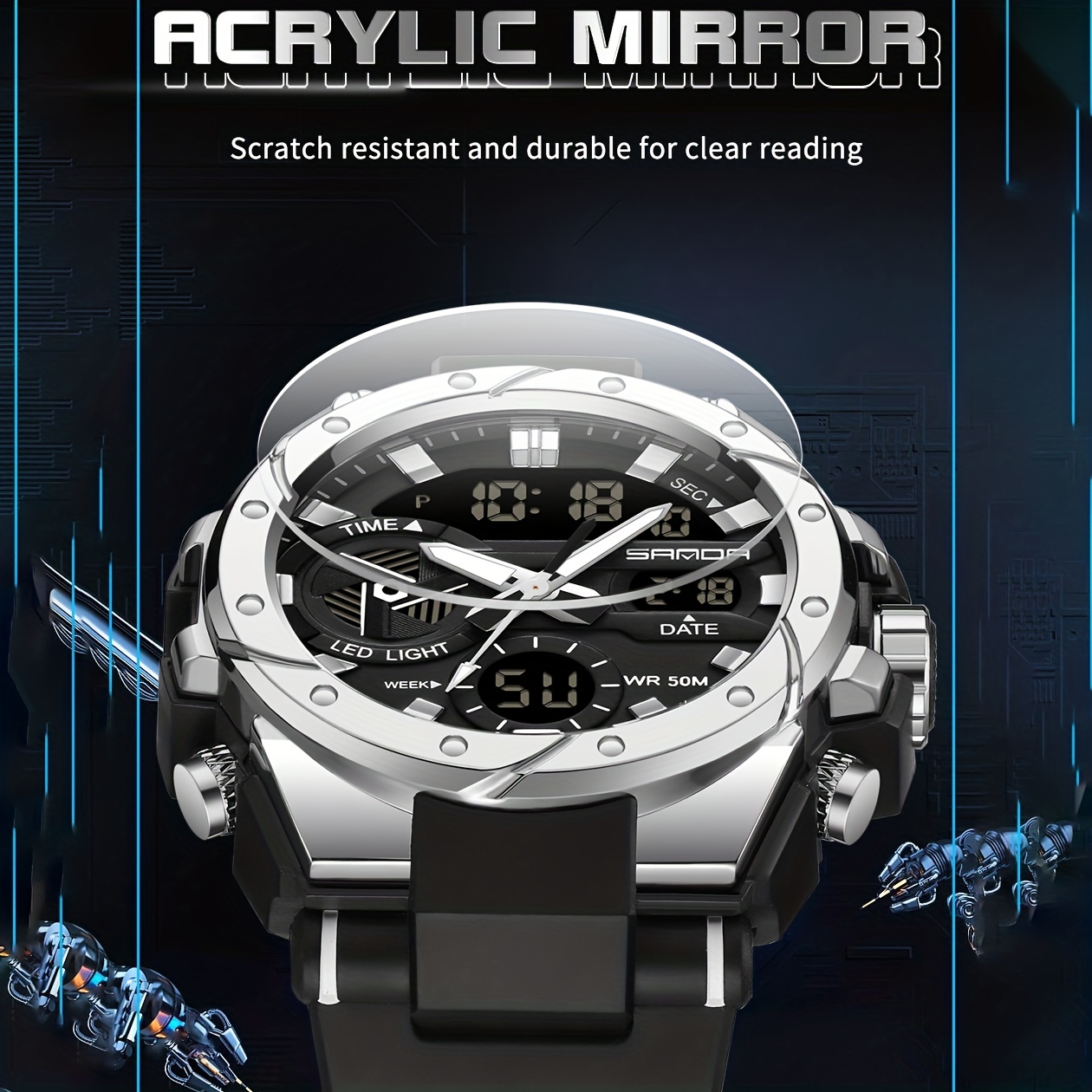 Reloj deportivo digital para hombre Temporizador de cuenta regresiva 50M  Impermeable Dual Time LED Back Light