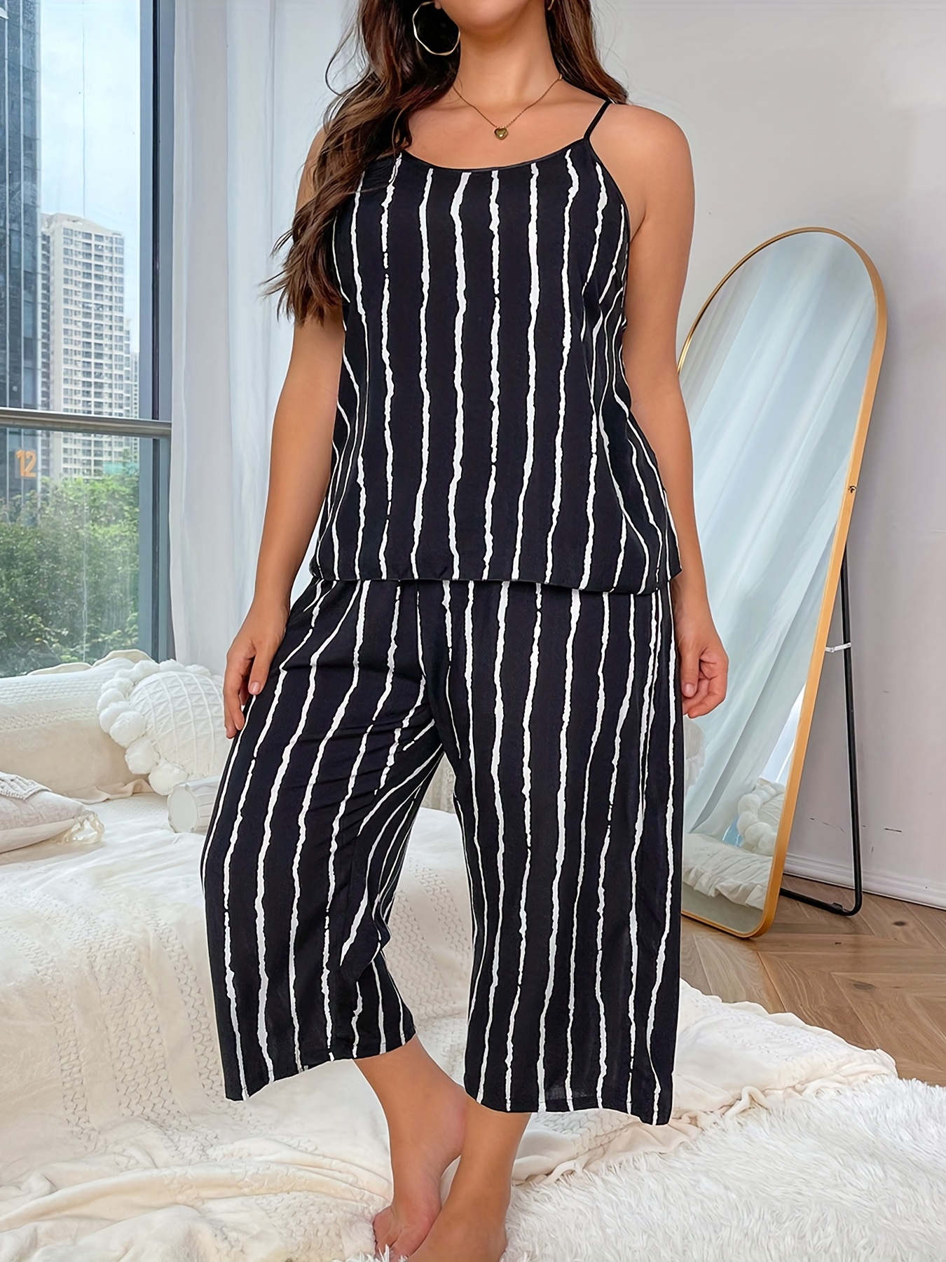 Plus Size Casual Pajama Set Women's Plus Stripe Print Cami - Temu