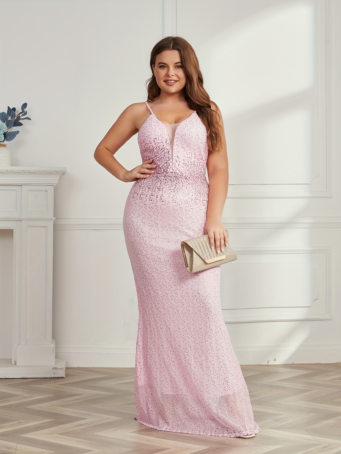 Plus Size Wedding Dress Women's Plus Sequins Contrast Mesh - Temu