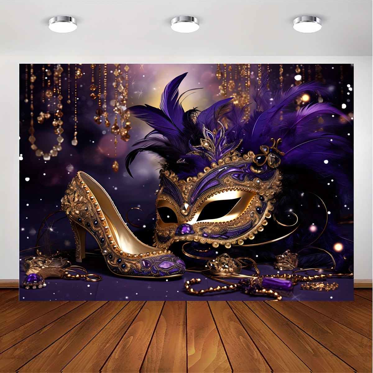  7x5ft Masquerade Backdrop Purple Mask Glitter