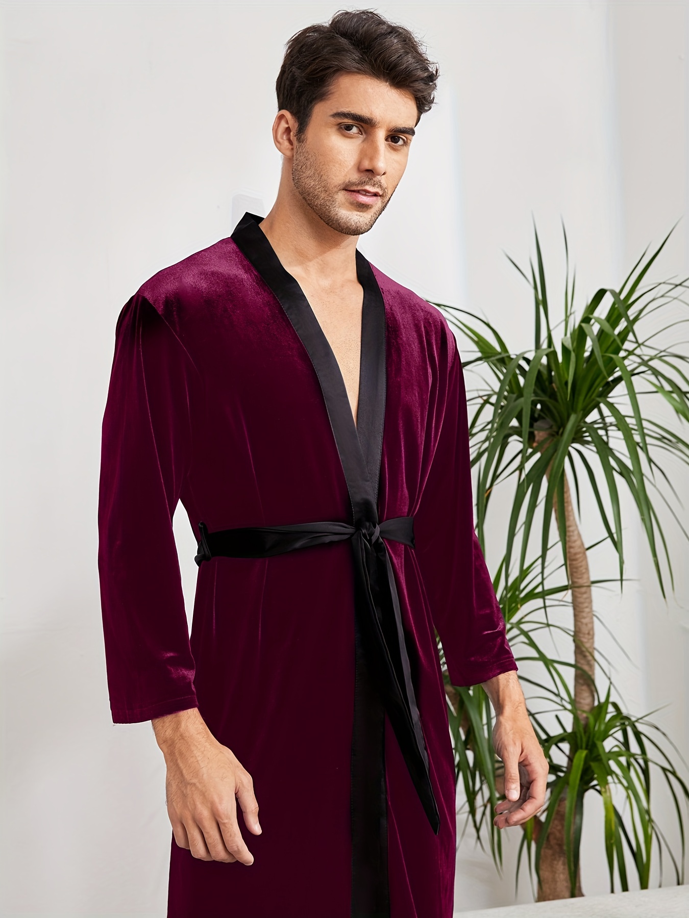 Men's Satin Floral Print Belted Sleep Robe, Imitation Silk Printed  Long-sleeved V-neck Pajamas Home Robe Bathrobe - Temu Germany