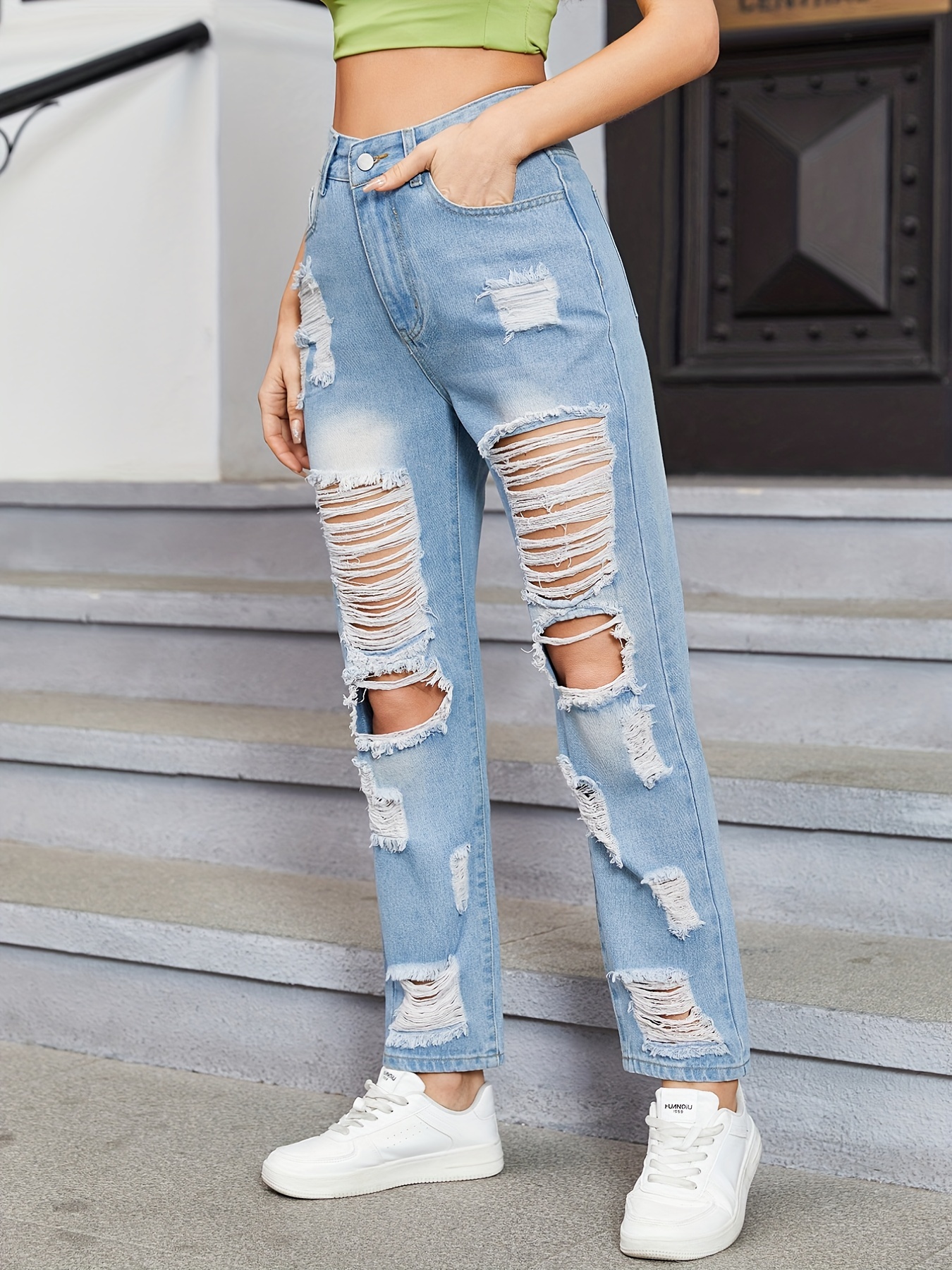 Women Loose Ripped Boyfriends Jeans High Waist Baggy Denim Pants Classic  Distressed Wide Leg Jeans Mom Jeans Trousers 