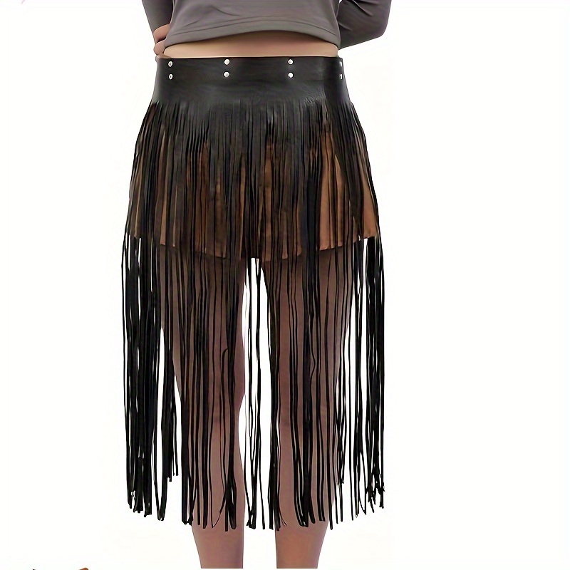 Boho Long Fringe Skirt Belt Punk Waist Skirt Belt Vintage Pu - Temu