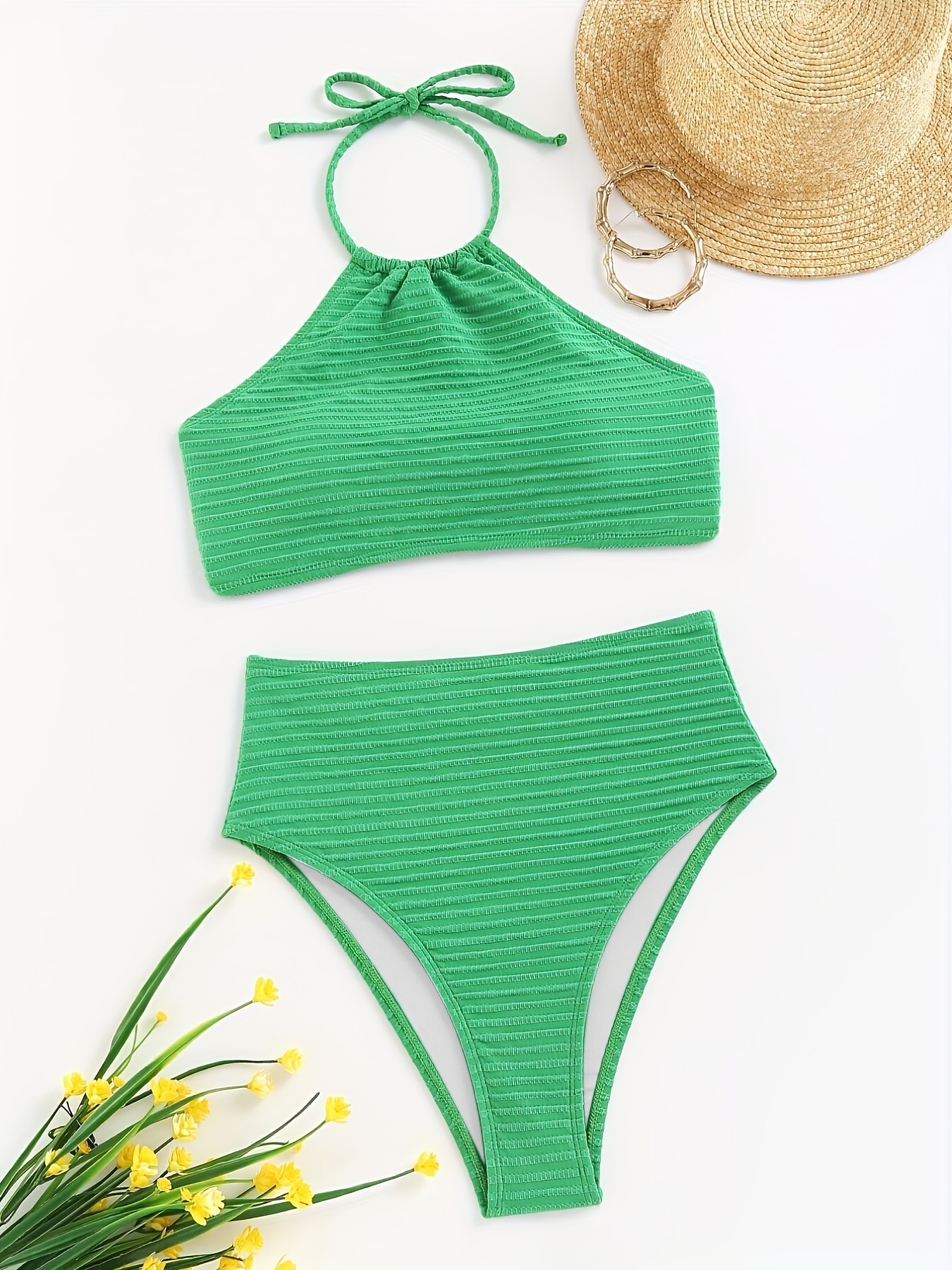 Halter Solid Green Ruched Texture 2 Piece Set Bikini, Tie Neck High Waist  Tummy Control Backless Stretchy Swimsuit For Beach Pool Bathing, Women's Swi