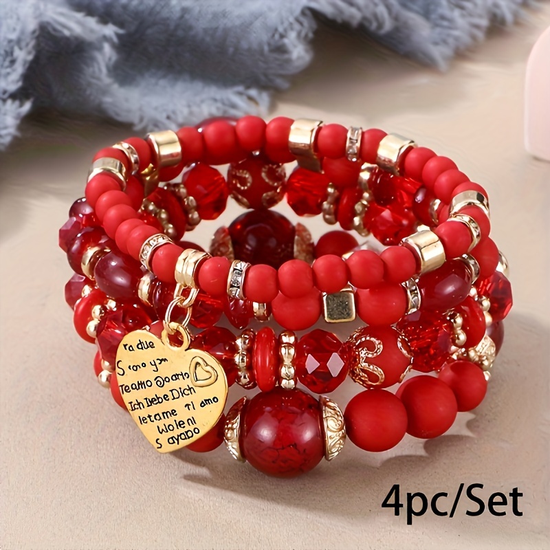 Heart Charm Beads Layered Bracelet Set Pompomia Bracelet - Temu