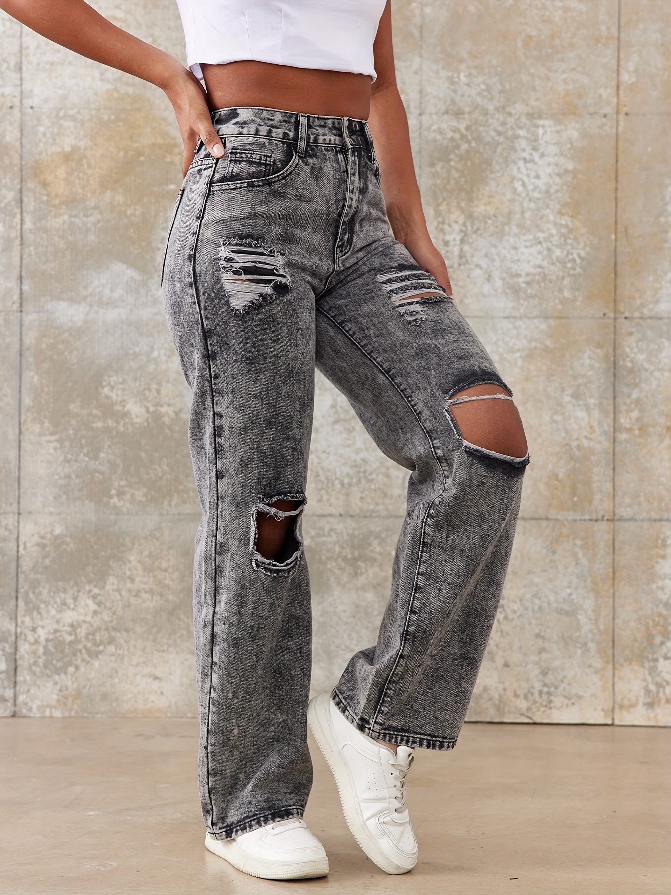 Grey Ripped Holes Straight Jeans, Loose Fit Non-Stretch Distressed Denim  Pants, Women's Denim Jeans & Clothing