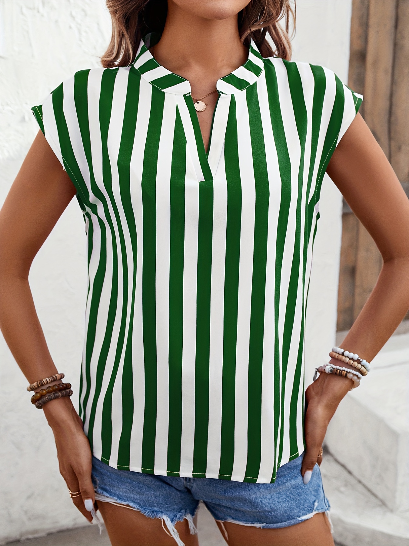 Striped Print Blouse Casual V Neck Sleeve Work Office - Temu