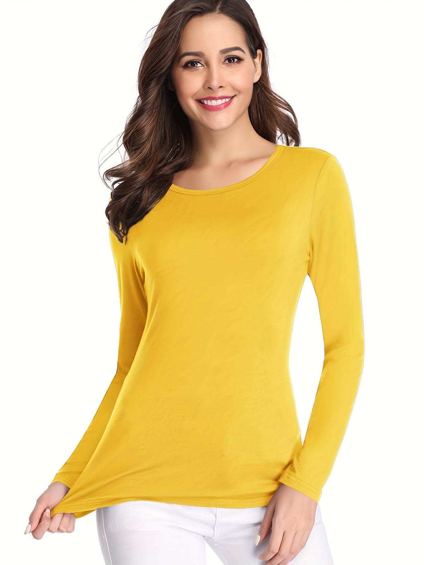 solid crew neck t shirt casual long sleeve lim top for spring fall womens clothing lemon yellow 2