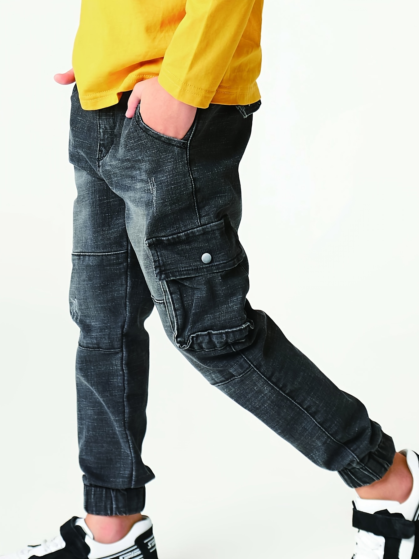 Boys Faded Cargo Denim Jeans With Pockets Kids Clothes