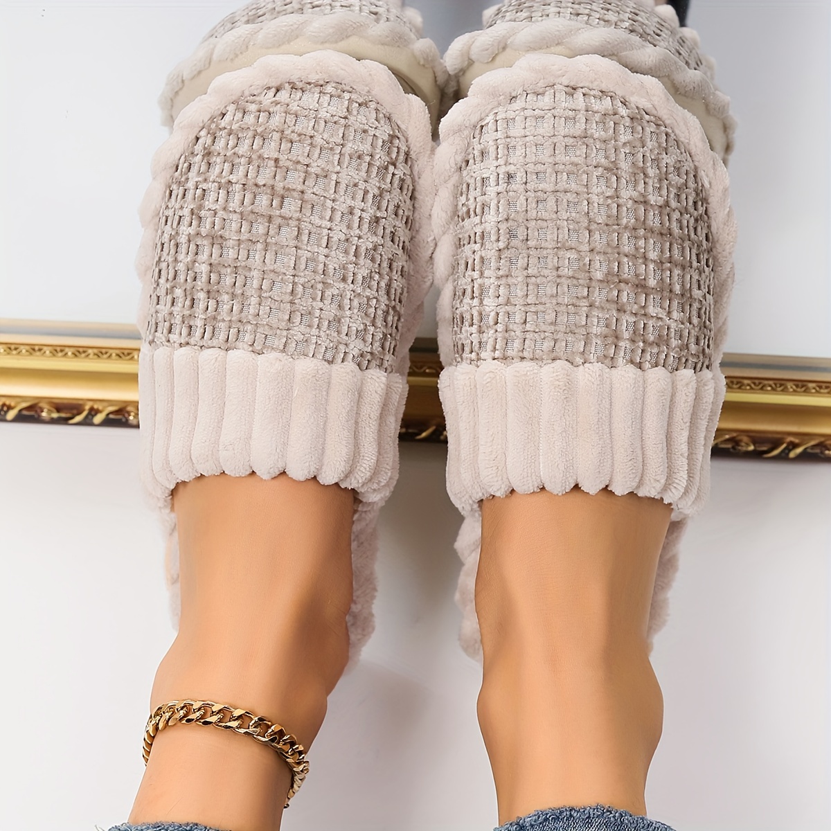 two tone winter plush slippers cozy warm closed toe soft